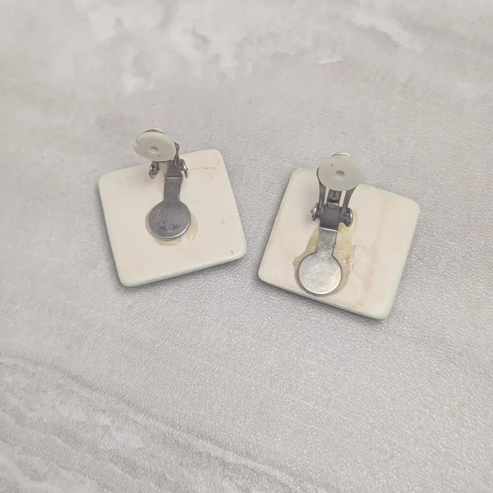 Vintage Clip On Earrings Light Pastel Green Large Retro Square Shape